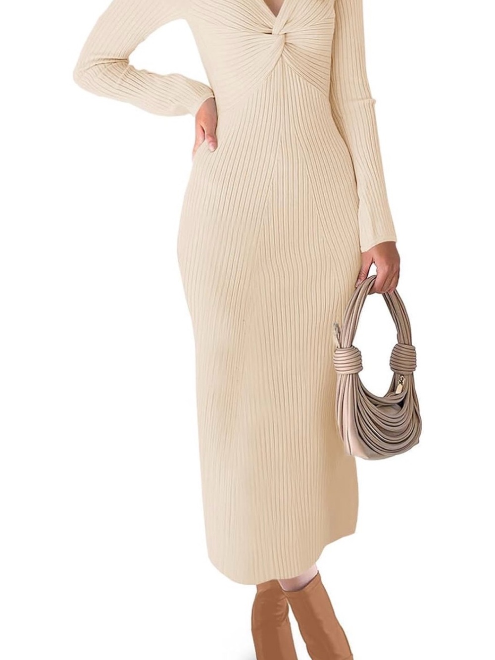 Long Sleeve V‑Neck Ribbed Maxi Dress in Cream